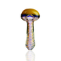 A hand-blown glass mushroom pipe with a golden-yellow cap, a blue band, and a striped glass stem in orange, purple, and blue, shown on a reflective white surface.