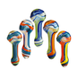 Five hand-blown glass spoons with vibrant multicolored swirls of blue, orange, green, yellow, and white, arranged on a plain white background.