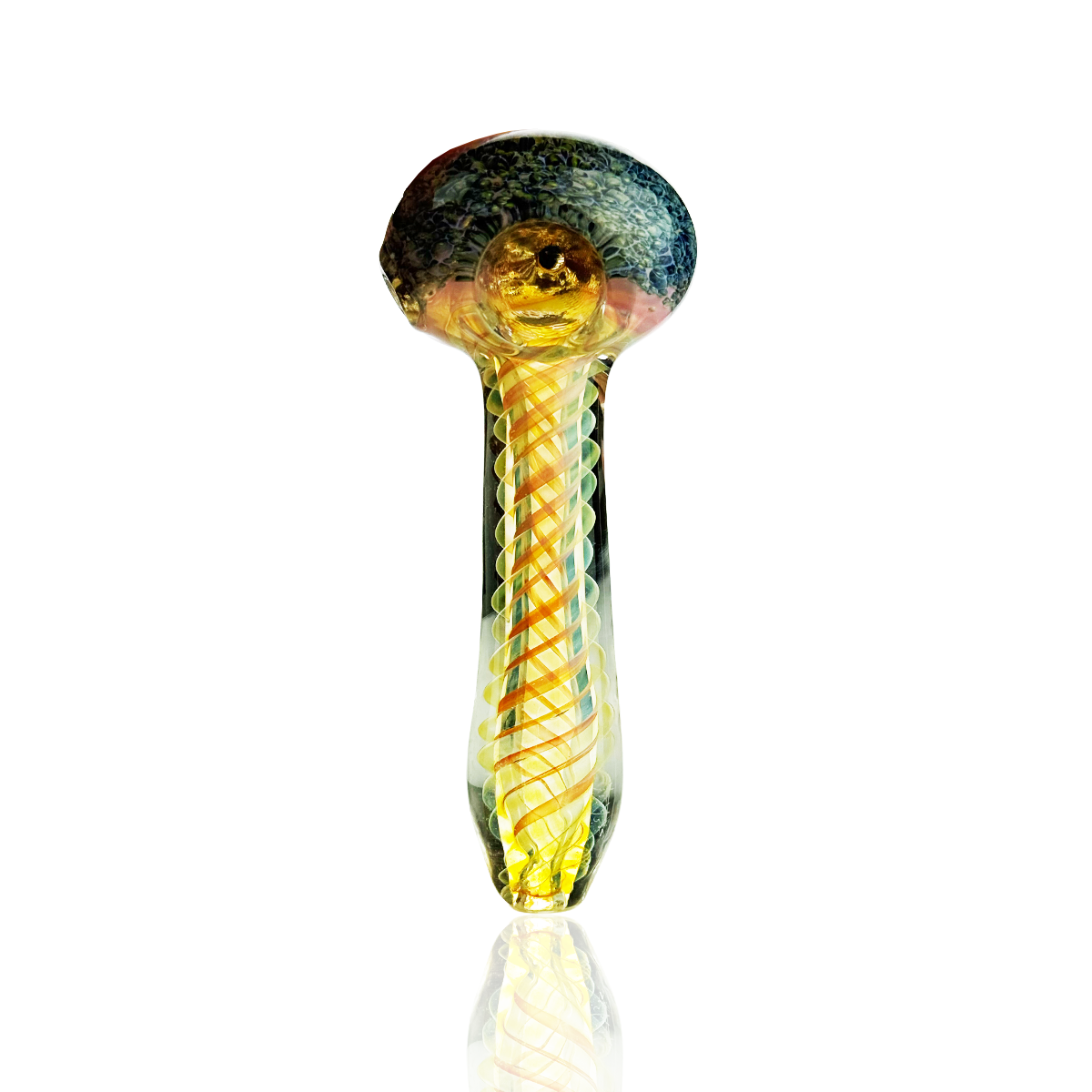 A hand-blown glass water pipe with a bulbous top, featuring a dark textured exterior and a twisted yellow and orange striped glass stem, shown on a white background with a soft reflection.