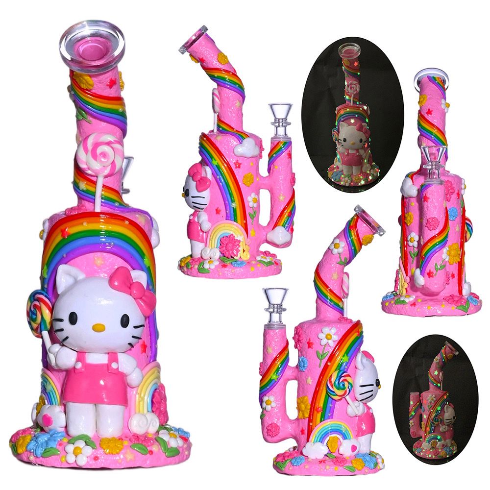 10" Pink Kitty 3D Glow In Dark Water Pipe Bong with 14mm Male Bowl