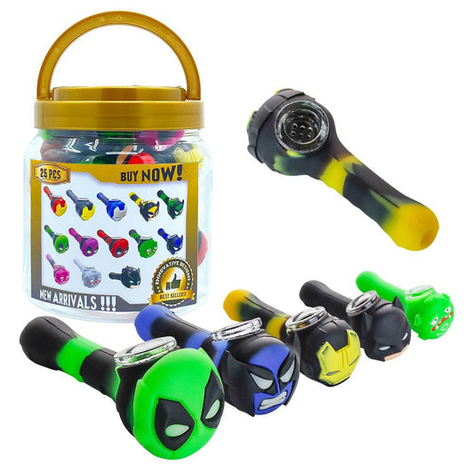 4" Silicone Hand Pipe Hero Character Designs - 25pcs Jar