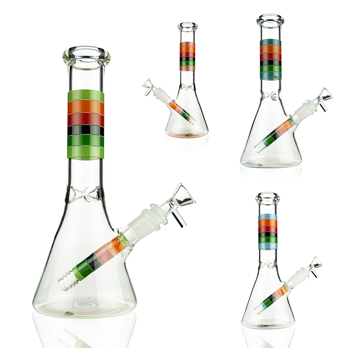 Clear glass conical water pipe or bong shown in multiple angles on a white background, with a colorful striped band around the neck in green, orange, and black.