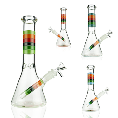 Clear glass conical water pipe or bong shown in multiple angles on a white background, with a colorful striped band around the neck in green, orange, and black.