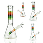 Clear glass conical water pipe or bong shown in multiple angles on a white background, with a colorful striped band around the neck in green, orange, and black.