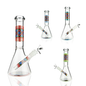 Four clear glass beaker-style water pipes with colorful geometric pattern bands and angled side tubes, arranged on a white background.