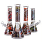 Four clear glass beaker water pipes with colorful cartoon-style graphics and white silicone mouthpieces, arranged on a white background.