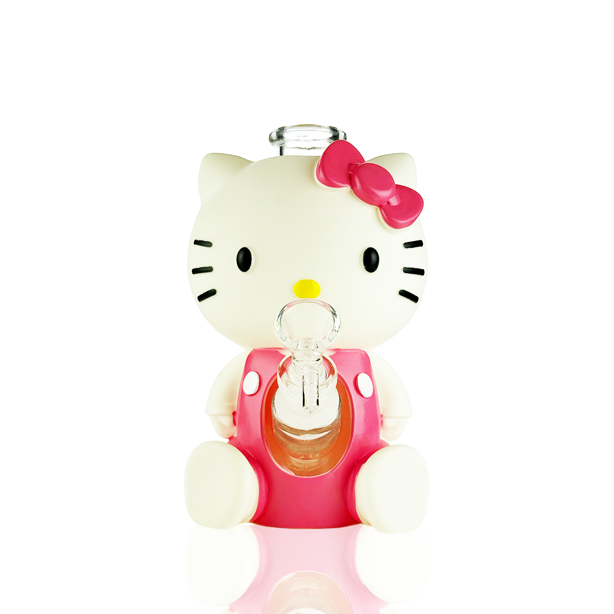 Hello Kitty character-shaped clear liquid pouch with a pink bow and pink body, shown on a white background with a faint reflection below.