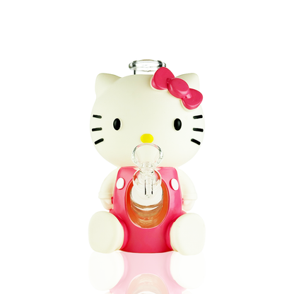 Hello Kitty character-shaped clear liquid pouch with a pink bow and pink body, shown on a white background with a faint reflection below.
