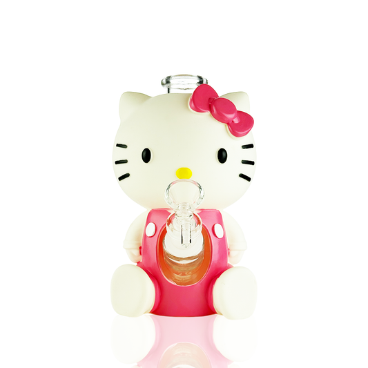 Hello Kitty character-shaped clear liquid pouch with a pink bow and pink body, shown on a white background with a faint reflection below.