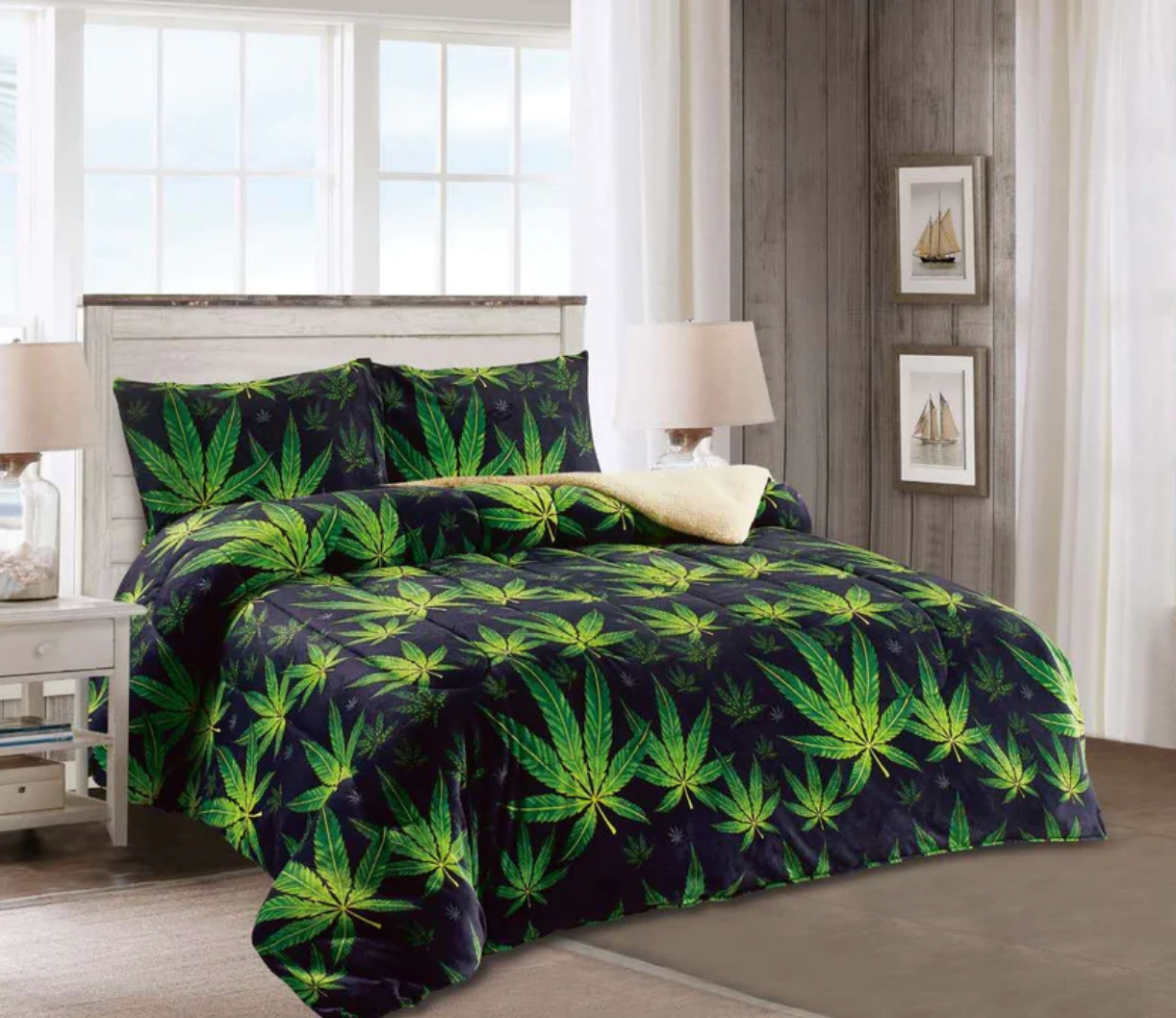 Queen Supper Soft 3 pcs Printing Borrego Blanket Cannabis Print - Blanket with 2 Pillow Covers