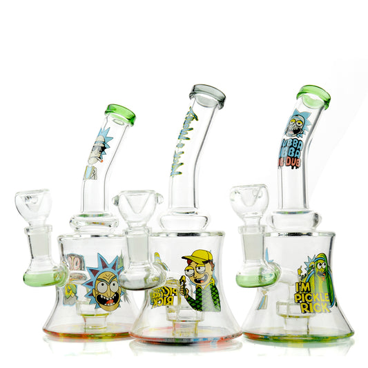 7" Water Pipe R&M Sticker Bent Neck 14mm male Bowl Included Approx 225 Grams - LA Wholesale Kings